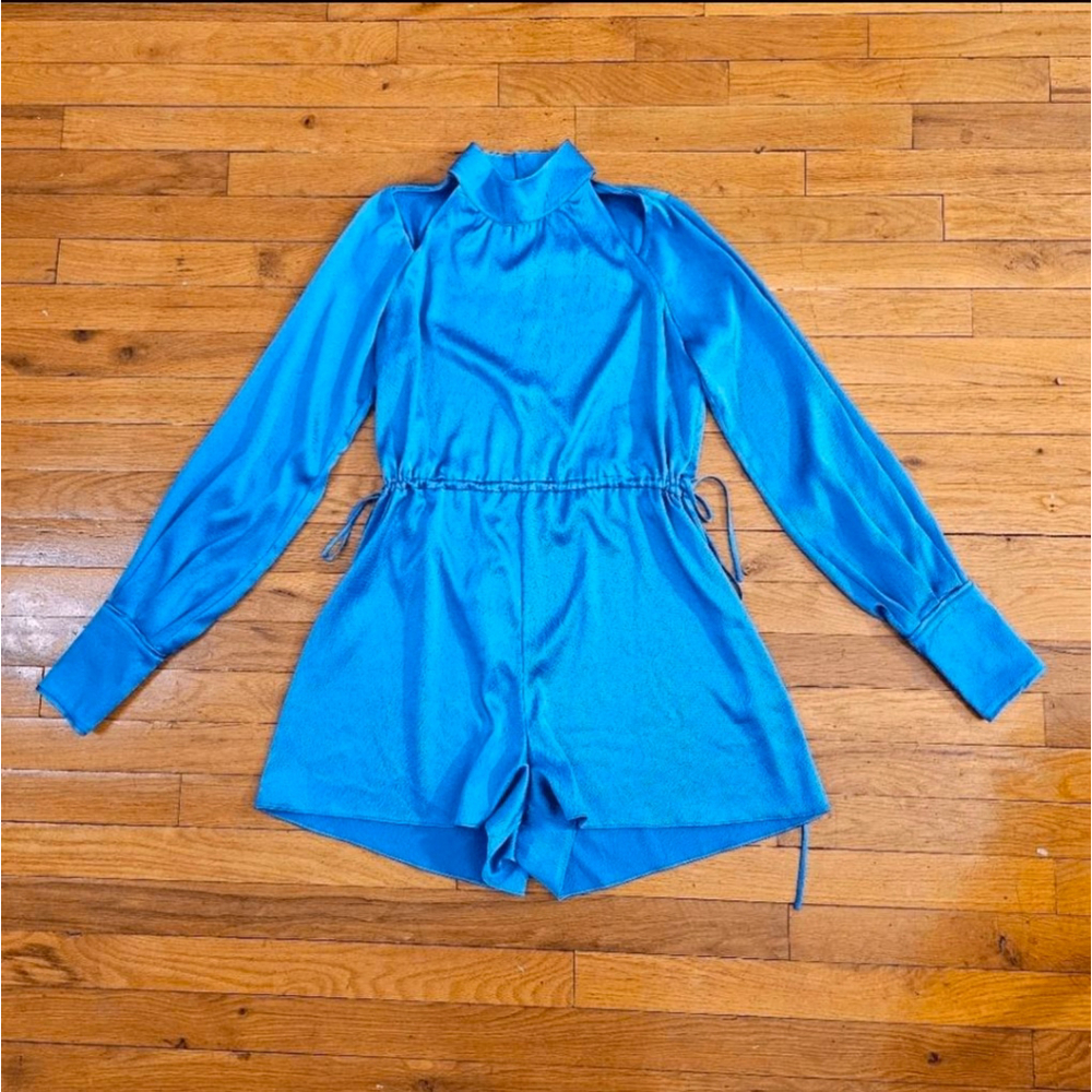 Alexis Blue Mock Neck Cutout Long Sleeve Romper Size Small - Picture 2 of 9